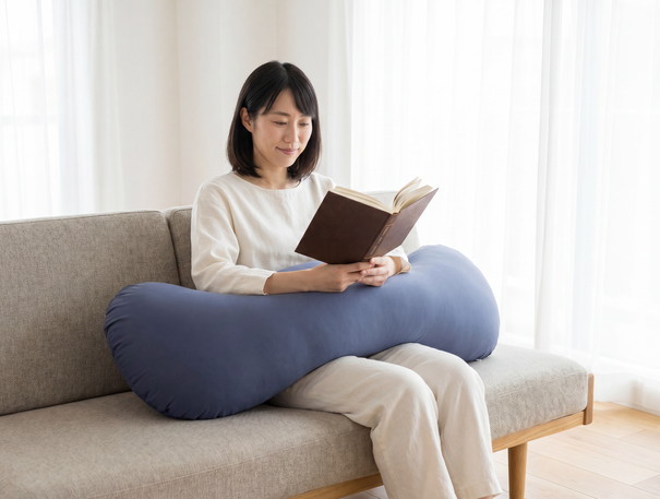 肌触りの良いビーズクッションに寝る女性